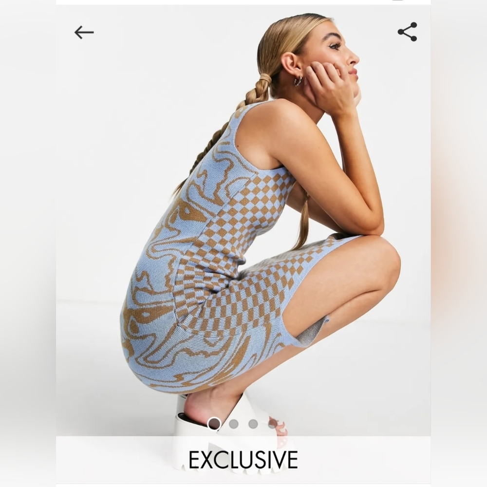 Blue and Brown Checkered Marble Pattern Sleeveless Dress